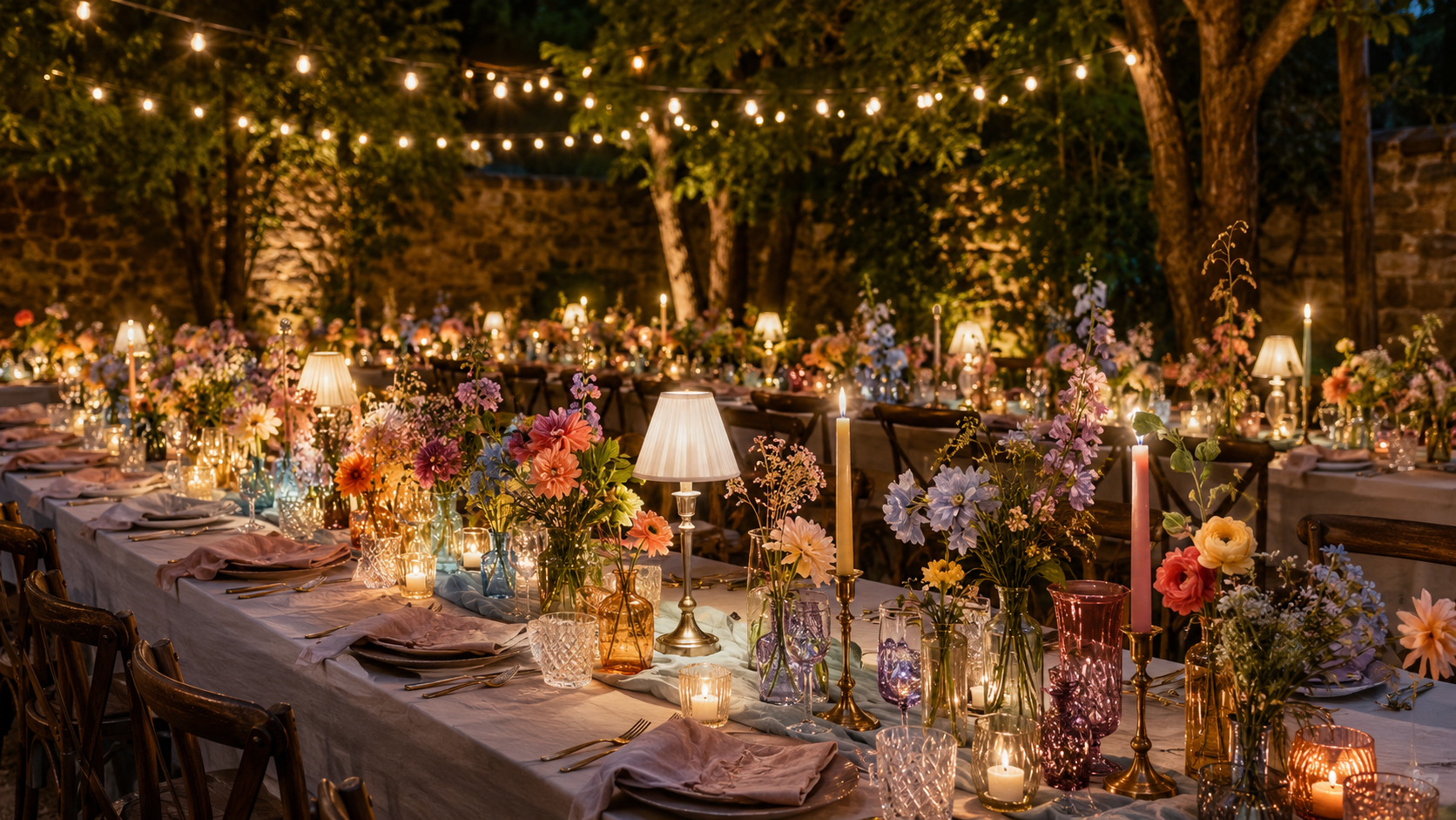 Candlelit reception concept with colorful garden flowers, lamps and string lights